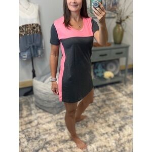 Color Block Mini Scoop Neck Short Sleeve Summer Tee Dress Gray Pink 1017